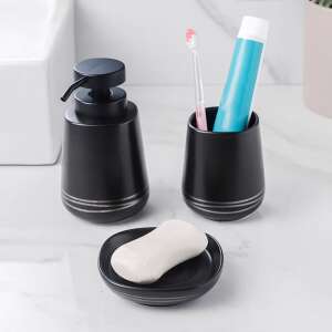 Fekete kerámia fürdőszoba szett szappantartóval, szappanadagolóval és fogkefe tartóval - SELOWEI