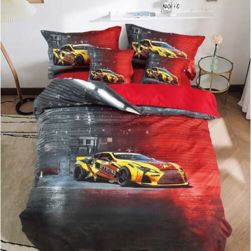 3 részes Izzó Kerekek Piros Autómintás Pamut Ágyneműhuzat