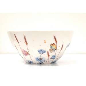 Bloom kézzel festett virágmintás salátás tál, fehér kerámia, kék és rózsaszín virágokkal és pillangókkal, arany díszítéssel - SELOWEI