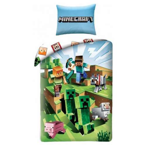 Minecraft Bettwäsche-Set mit einem Minecraft-Motiv mit Charakteren wie Steve, Creeper und einem Wolf auf grünem und blauem Hintergrund. Das Set enthält einen Bettbezug und einen Kissenbezug.