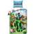 Minecraft Bettwäsche-Set mit einem Minecraft-Motiv mit Charakteren wie Steve, Creeper und einem Wolf auf grünem und blauem Hintergrund. Das Set enthält einen Bettbezug und einen Kissenbezug.
