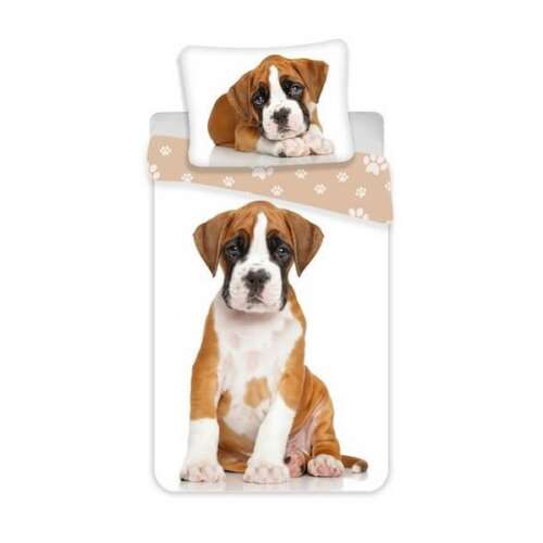 Boxer kölyök ágynemű szett, 140x200cm paplanhuzat és 70x90cm párnahuzat, barna és fehér boxer kölyök mintával