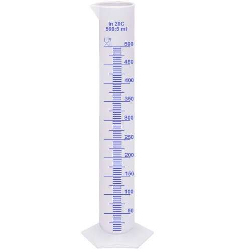 500 ml műanyag mérőhenger 5 ml-es osztással, élelmiszeripari, átlátszó, kiöntővel, sörfőzéshez, pálinkafőzéshez és egyéb mérési feladatokhoz