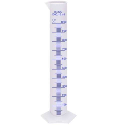 1000 ml műanyag mérőhenger 10 ml-es osztással, élelmiszeripari, átlátszó, kiöntővel