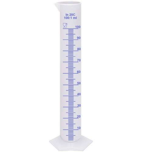 MŰANYAG FOKOLÓHENGER 100 ML - 1 ML OSZTÁSÚ - talpas élelmiszeripari átlátszó fokolómérőedény kiöntővel - YHC-100 -