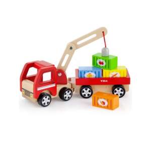 Drewniany dźwig z przyczepą i kontenerami, zabawka Viga - Pociąg, element kolejowy, autostrada