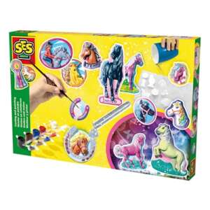 SES Giant Plaster Casting Set Horses, a craft kit for kids to create their own horse figurines, includes plaster, molds, paint, brush, and glitter - SES Creative