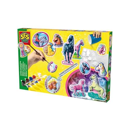 SES Giant Plaster Casting Set Horses, a craft kit for kids to create their own horse figurines, includes plaster, molds, paint, brush, and glitter
