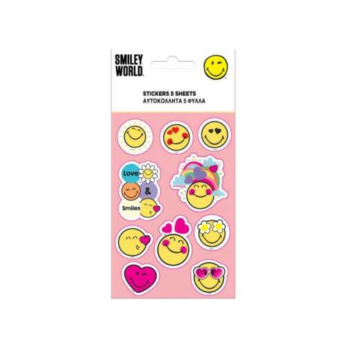 Smiley World matricák 5 lapon, mosolygós arcok, szívek, szivárványok, virágok és napszemüvegek