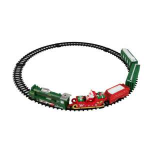 Set de tren de Crăciun cu Moș Crăciun, locomotivă verde, vagon roșu și vagoane verzi, pe o cale circulară - Tren, element feroviar, autostradă