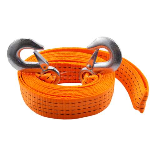 Orange towing strap with metal hooks, 4 meter long, 4500 kg breaking strength
