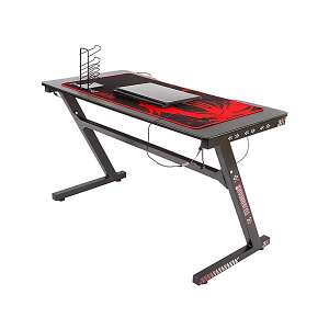 Herný stôl v tvare písmena Z s RGB LED osvetlením, čierny a sivý, 120x66x75 cm, s držiakom na slúchadlá a držiakom na pohár - Herné stoly