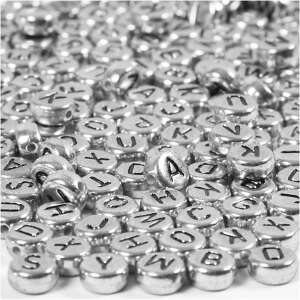 Betű gyöngyök, ezüst, kerek, fekete betűk, 7mm, 21g/csomag 82636509 