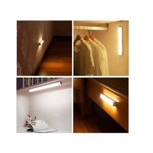 Collage showing the white motion sensor LED light bar in various applications, including under cabinets, closets, and stairs - Motion Sensor Lamp