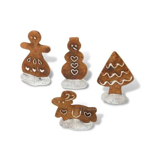 4 darabos mézeskalács karácsonyi figurák szett, benne egy mézeskalács nő, hóember, karácsonyfa és rénszarvas
