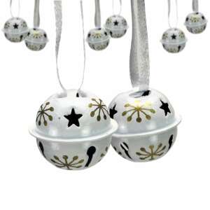 Set de 8 clopoței metalici albi cu design cu fulgi de nea aurii și stea neagră, ornamente pentru pomul de Crăciun