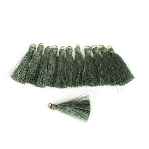 12 pack of green silk tassels, 4cm long, with gold rings