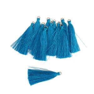 12 darabos türkizkék bojtok, 6cm hosszúak, arany gyűrűvel - Függönyelkötő