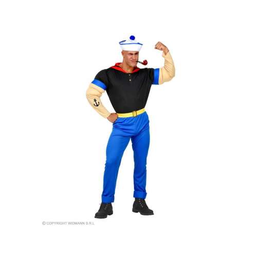 Popeye férfi jelmez, M-es méret, tengerész jelmez, rajzfilm karakter, izmos karok, kék nadrág, fekete ing, fehér sapka, pipa - Öltözködés kiegészítő
