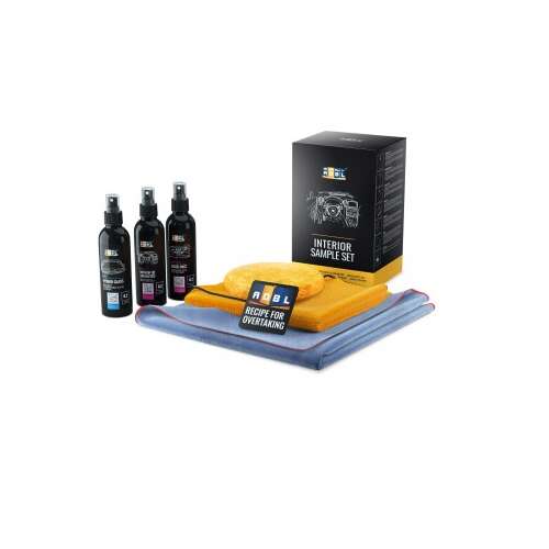 ADBL Interior Sample Set car interior cleaning kit with 3 bottles of cleaning products, 2 microfiber cloths, and a sponge