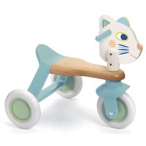 Djeco BabyScooti Lauflernrad, Holz-Dreirad mit Katzenkopf, blau und weiß, für Kleinkinder - Elektrofahrzeug, Dreiräder, Laufräder und Kinder-Roller