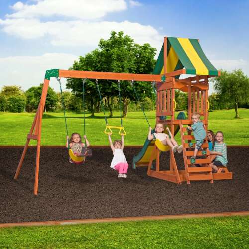 Woodlit Sunnydale kerti Játszótér csúszdával, 3 hintával és piknik asztallal #barna-zöld