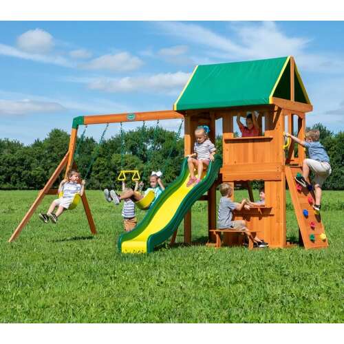 Woodlit Somerset backyard playset with slide, swings, and picnic table, brown and green