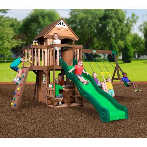 Woodlit Picnic Compact Playground with slide, 3 swings and picnic table #brown-black