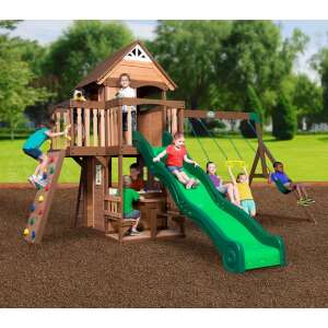 Woodlit Picnic Compact Playground with slide, 3 swings and picnic table #brown-black