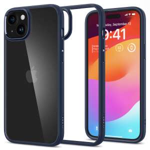 Spigen Ultra Hybrid iPhone 15 case, navy blue, clear back, showing phone screen - Spigen
