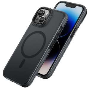 HOCO AS2 Lord tok Magsafe compatible iPhone 15 PLUS black phone case, clear back, black ring, angled view - Hoco