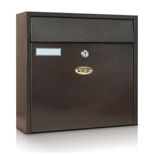 Brown metal mailbox with a nameplate and a lock, made by Grezdor