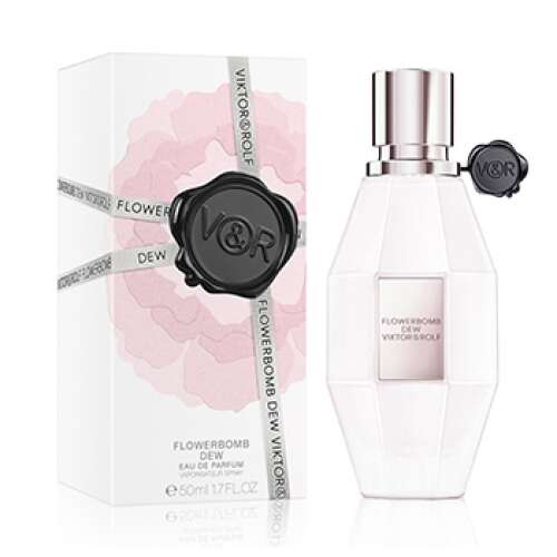 Viktor & Rolf Flowerbomb Dew Eau de Parfum 100ml, sticlă albă cu capac negru și etichetă, lângă cutie