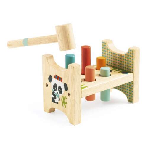 Djeco Kippi-koppi Panda Hammering Game, wooden toy for toddlers, helps develop hand-eye coordination, fine motor skills, and color recognition