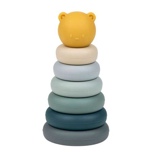 Nattou silicone stacking rings toy for babies, blue and yellow colors, bear head on top