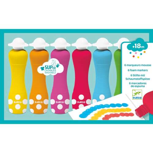 Djeco Marok filc 6 színben - Pontozó festés - 6 foam markers, 6 db mosható habhegyű filctoll készlet gyerekeknek, tökéletes pöttyözéshez és színes grafikák készítéséhez - Djeco