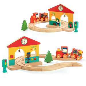 Djeco Minitrain wooden toy train set with station, track, and characters - Baby Walker and Developmental Toy for Toddler