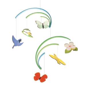 Djeco Little Big Room Frühlingsmobile, ein farbenfrohes Holzmobile mit Vögeln, Schmetterlingen und Blumen - Dekoration für das Babyzimmer