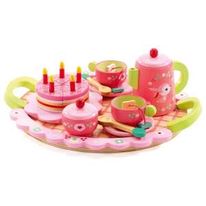 Djeco Lili Rose tea party set with cake, wooden toy tea set for pretend play, includes teapot, cups, saucers, sugar bowl, cake, and tray - Toy kitchen tool