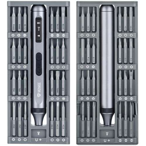 Yenkee YPT 01 elektromos precíziós csavarhúzó bitekkel, a készletben található összes bit látható