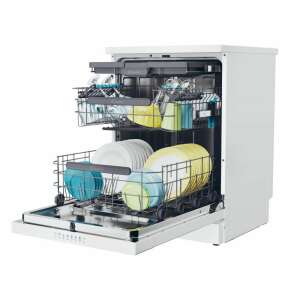 Candy CF 5C7F1W szabadonálló mosogatógép, fehér és szürke színben, nyitott ajtóval, belsővel és edényekkel - Mosogatógép