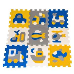 9 piece foam puzzle mat with vehicle designs for babies and toddlers, 32cm x 32cm, blue, yellow, grey, white - Foam Puzzle