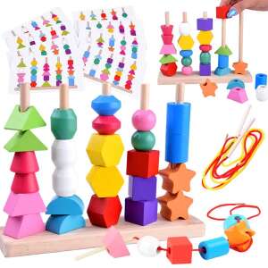 Fa oszlopos kirakó educational toy with 25 colorful blocks, shape sorting and stacking game - Developmental Toy for Preschooler