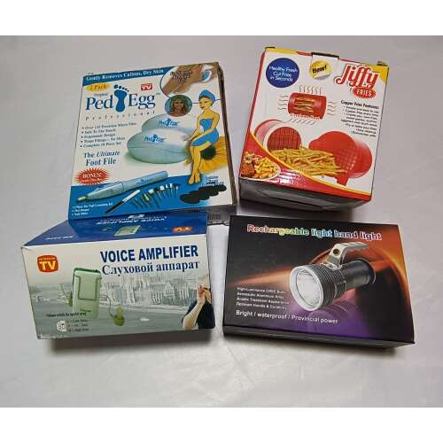 Why Not? termékcsomag 18, tartalmaz Ped Egg lábreszelőt, Jiffy krumpli sütőt, hangosítót és újratölthető kézi lámpát