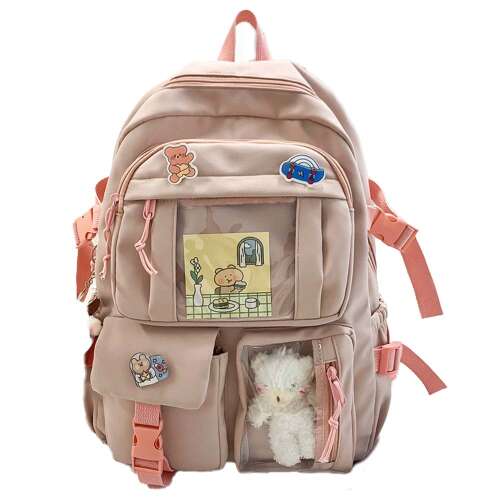 Rucsac Dollcini cu un urs drăguț și alte patch-uri de desene animate, perfect pentru școală, facultate sau călătorii