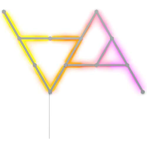 Megvilágított Nanoleaf Lines geometriai mintában, sárga és rózsaszín fénnyel.