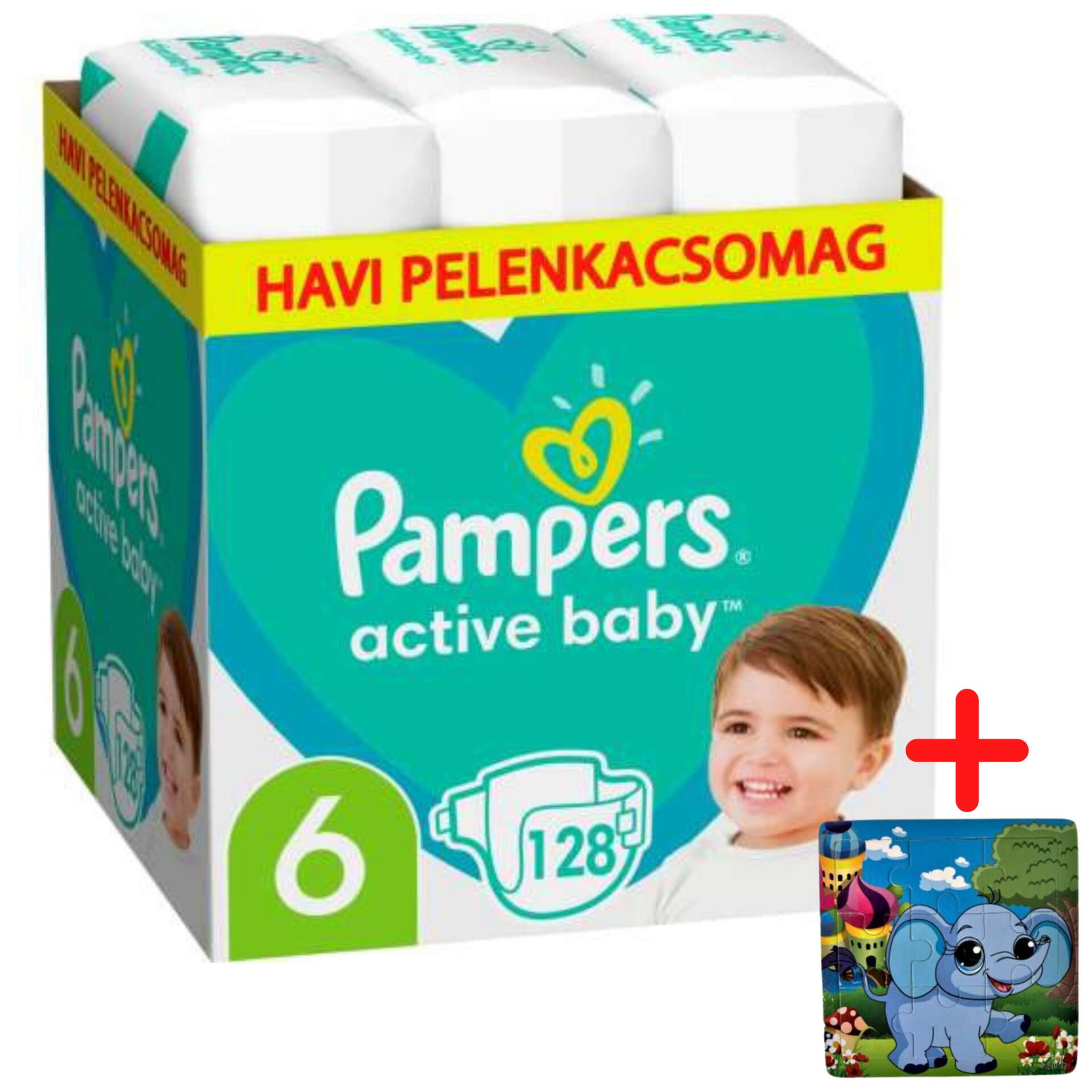 Pampers Active Baby havi Pelenkacsomag 13-18kg Junior 6 (128db) + Ajándék fa Puzzle