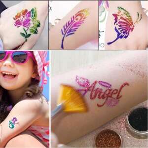Glitter tattoos kit - 24 db színes csillámporral, rengeteg felragasztható sablonnal, ecsetekkel és ragasztókkal (BBJ) 83251873 Tetoválás