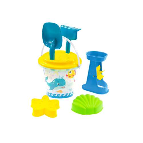 Set de joacă pentru nisip cu găleată, lopată, greblă, forme și moară de apă, design cu animale marine