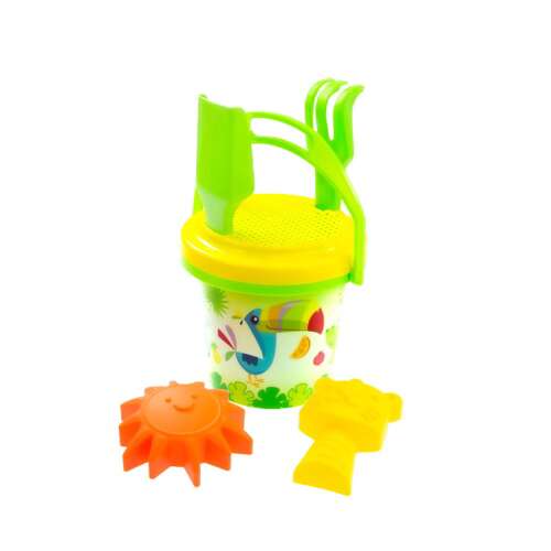 Sárga és zöld homokozó szett vödörrel, szitával, lapáttal, gereblyével és formákkal, tökéletes a gyerekek számára a homokban való játékhoz